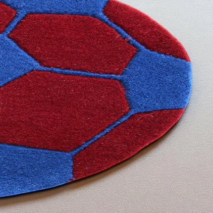 Red & Blue Soccer Ball Round Hand Tufted Wool Rug : Kids Room Play Carpet