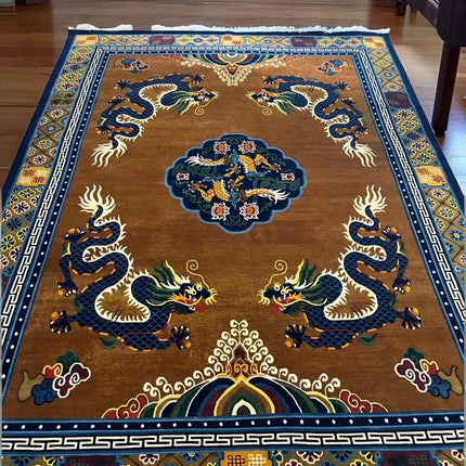 Hand-Knotted Dragon Wool Rug: Indo-Tibetan Boho Decor