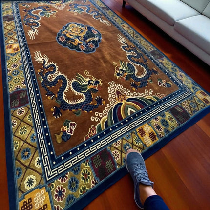 Hand-Knotted Dragon Wool Rug: Indo-Tibetan Boho Decor