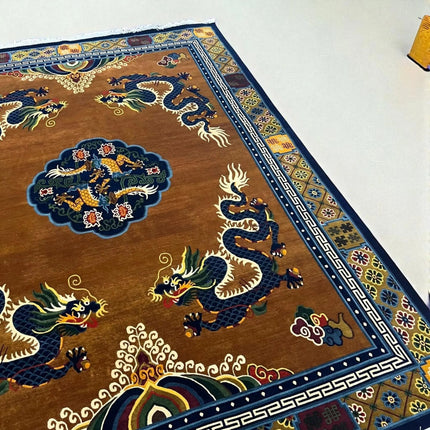 Hand-Knotted Dragon Wool Rug: Indo-Tibetan Boho Decor