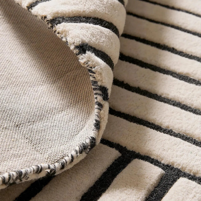 Black Striped Hand-Tufted Wool Rug: 8x10 Minimalist Decor
