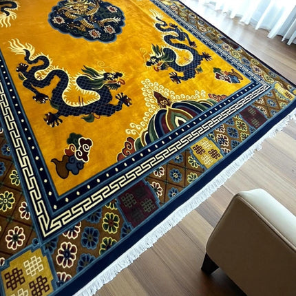 Hand-Knotted Dragon Wool Rug: Indo-Tibetan Boho Decor