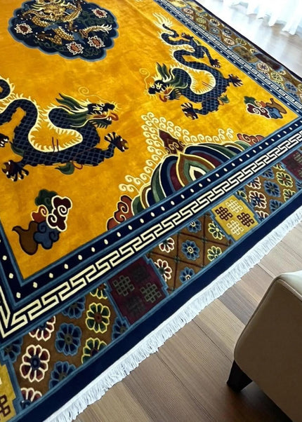 Hand-Knotted Dragon Wool Rug: Indo-Tibetan Boho Decor