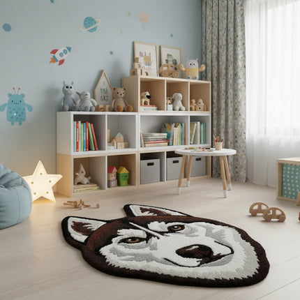 Hand Tufted Wool Husky Rug: Plush Dog Face Carpet, Nursery Decor