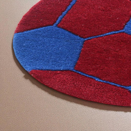 Red & Blue Soccer Ball Round Hand Tufted Wool Rug : Kids Room Play Carpet