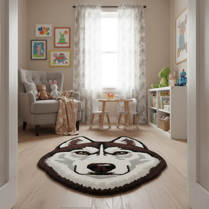Hand Tufted Wool Husky Rug: Plush Dog Face Carpet, Nursery Decor