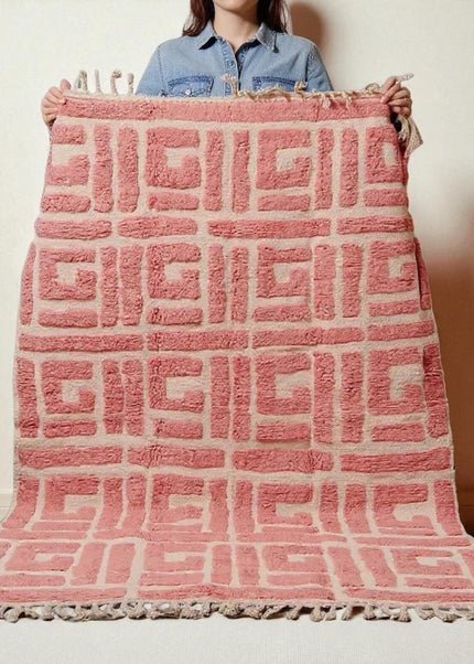 Hand Knotted Wool Rug: Geometric Maze, 8x10 Pink Berber Style Rug