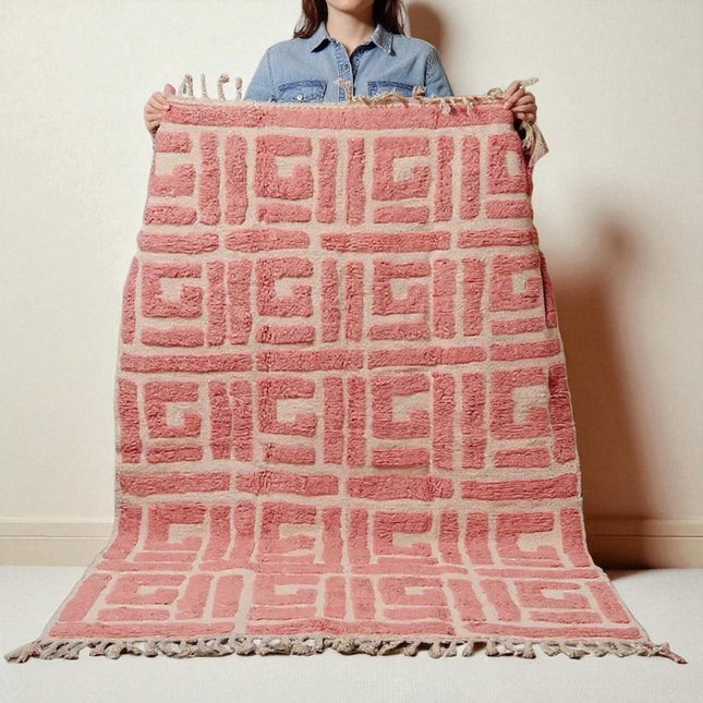 Hand Knotted Wool Rug: Geometric Maze, 8x10 Pink Berber Style Rug