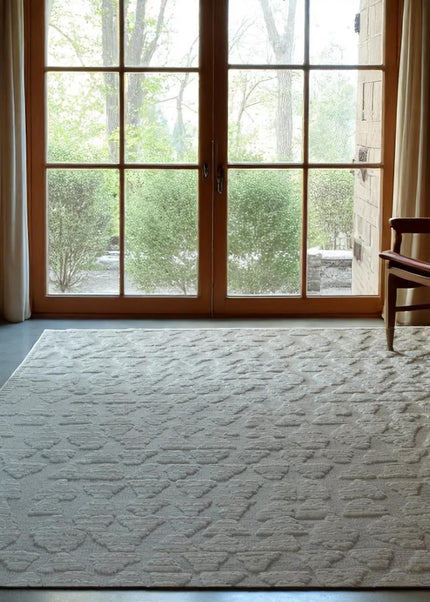 Hand Knotted Ivory Wool Rug: Textured Monochromatic Home Decor, 8x10