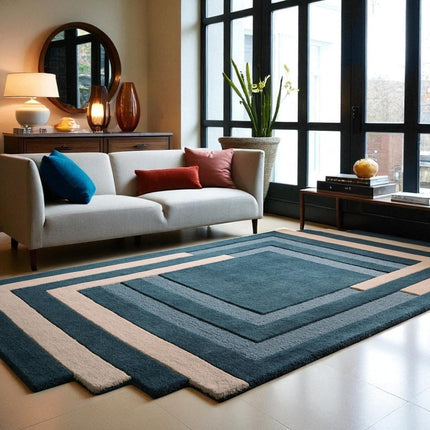 Blue & Cream Layered Square Pattern Modern Geometric Hand Tufted Wool Rug