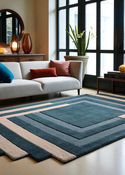 Blue & Cream Layered Square Pattern Modern Geometric Hand Tufted Wool Rug