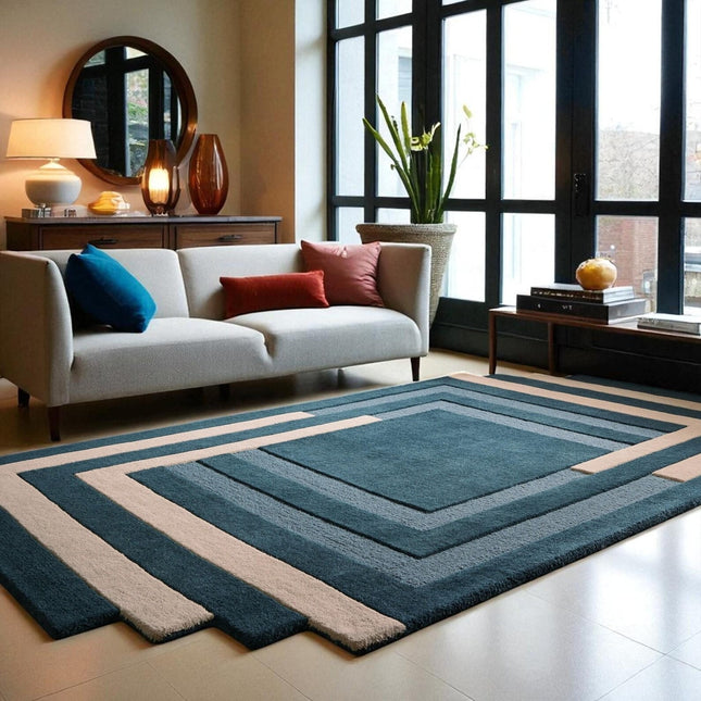 Blue & Cream Layered Square Pattern Modern Geometric Hand Tufted Wool Rug