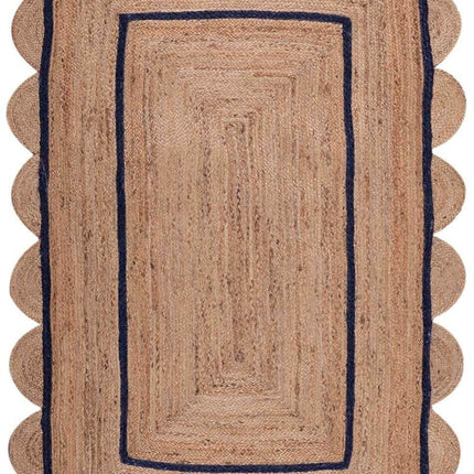 Navy Blue Scalloped Jute Rug: Handmade Eco-Friendly Runner