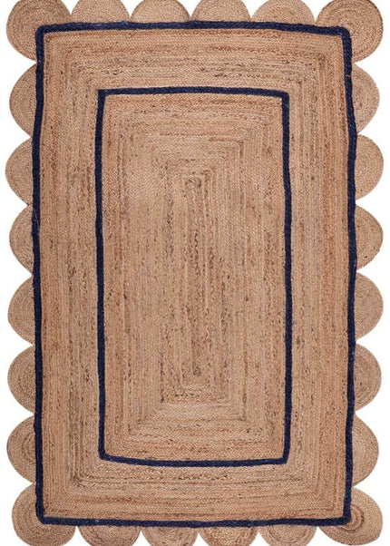Navy Blue Scalloped Jute Rug: Handmade Eco-Friendly Runner