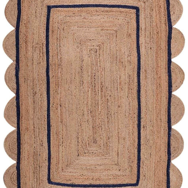 Navy Blue Scalloped Jute Rug: Handmade Eco-Friendly Runner