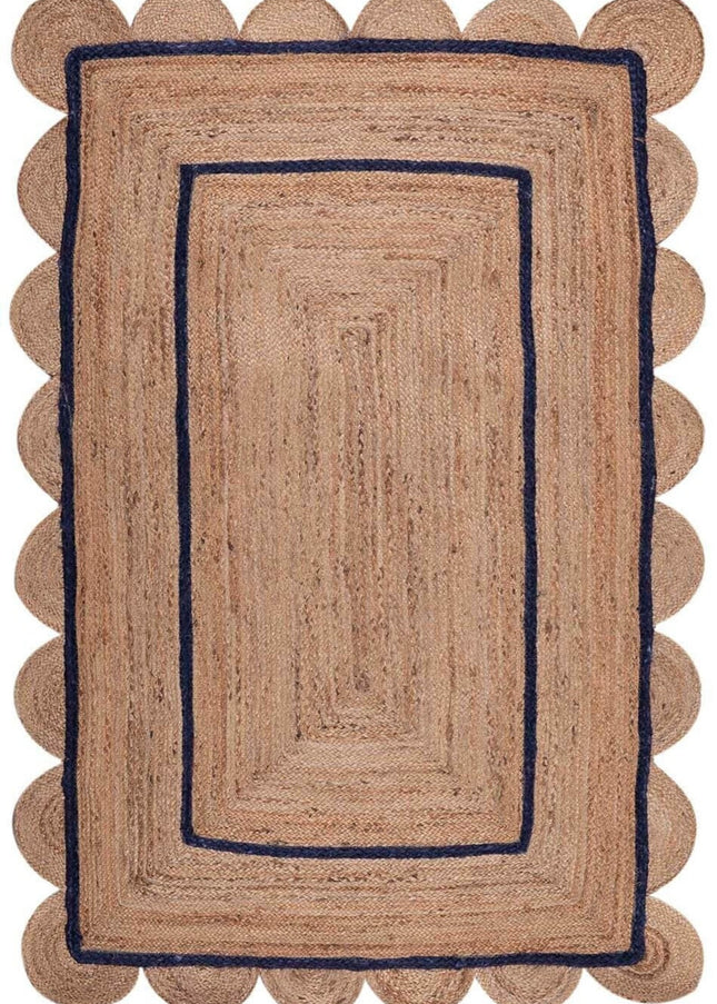 Navy Blue Scalloped Jute Rug: Handmade Eco-Friendly Runner