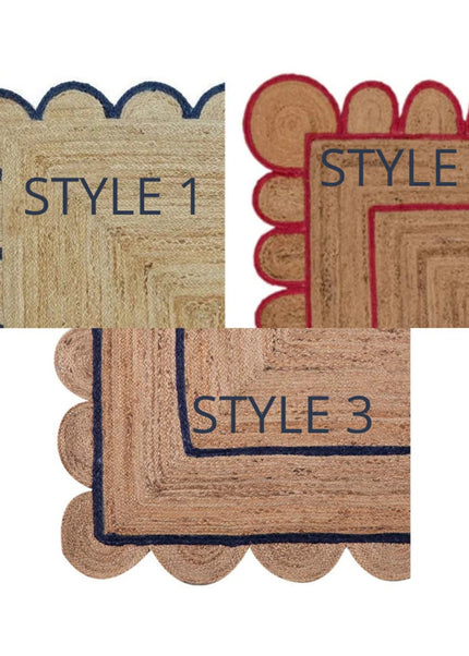 Navy Blue Scalloped Jute Rug: Handmade Eco-Friendly Runner