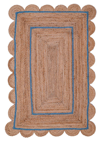 Custom Natural Flint Blue Jute Scallop Runner Rug - Hand-Braided Anti-Slip Area Rug by TheGiftsConnect