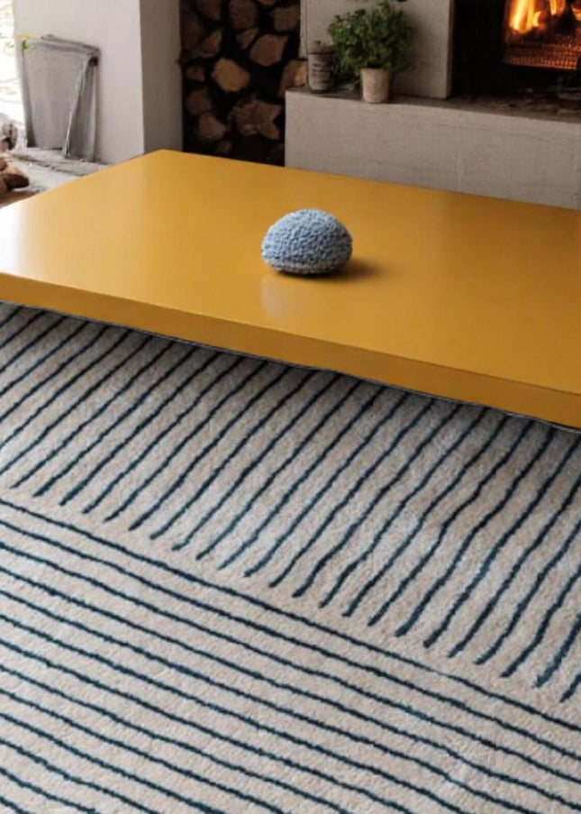 Hand Tufted Wool Rug: Minimalist Blue Stripe Pattern
