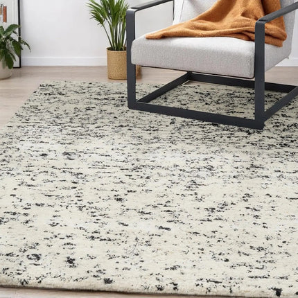 Hand Knotted Wool Area Rug: Beige & Black Abstract, High Pile