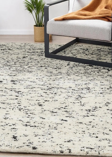 Hand Knotted Wool Area Rug: Beige & Black Abstract, High Pile