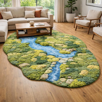 3D Moss Wool Rug, Hand Tufted Botanical Landscape Statement Green Area Rug, Fluffy Carpet