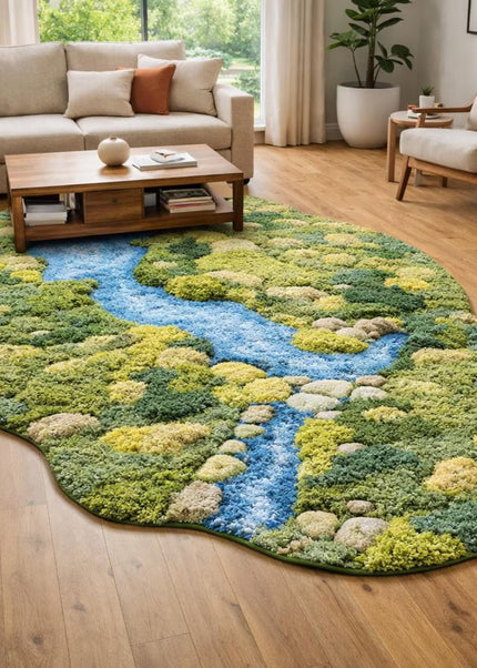 3D Moss Wool Rug, Hand Tufted Botanical Landscape Statement Green Area Rug, Fluffy Carpet