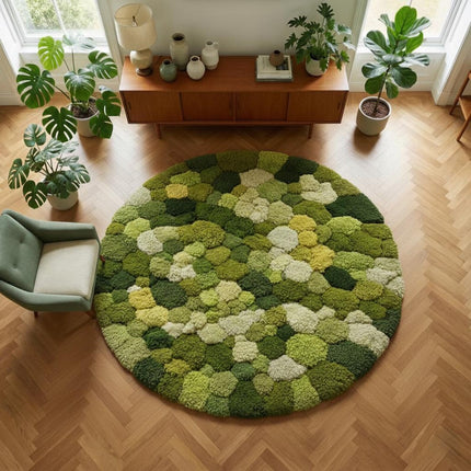 Round Green Moss Wool Rug, Hand Tufted Botanical Inspired Modern Home Decor
