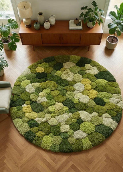 Round Green Moss Wool Rug, Hand Tufted Botanical Inspired Modern Home Decor