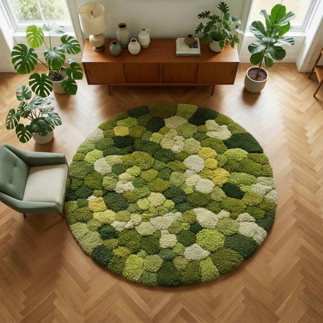 Round Green Moss Wool Rug, Hand Tufted Botanical Inspired Modern Home Decor
