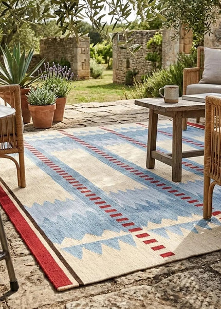 Handwoven Wool Geometric Tribal Rug, Indian Dhurrie, Boho Rug