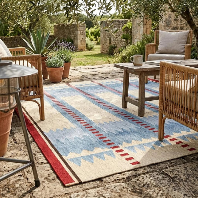 Handwoven Wool Geometric Tribal Rug, Indian Dhurrie, Boho Rug