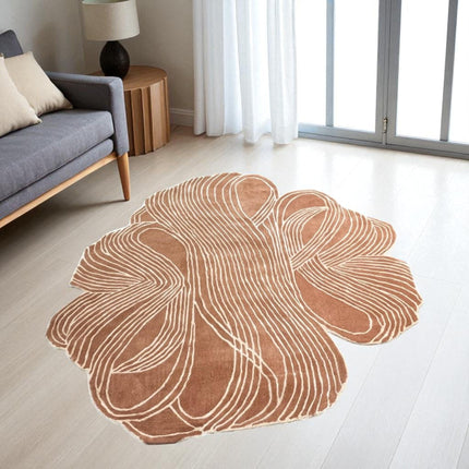 Rust & Ivory Abstract Wool Rug – Irregular Shape Modern Carpet