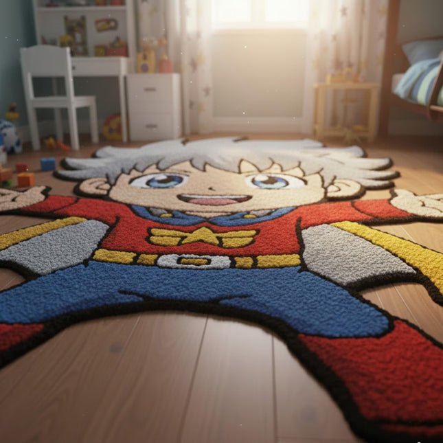 Hand Tufted Superhero Kids Rug, Cartoon Character Playroom Carpet, Fun Boys Room Décor
