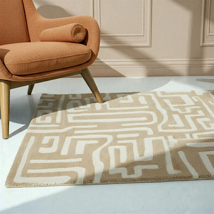 Hand Tufted Beige & Ivory Maze Pattern Wool Rug  Modern Abstract Area Carpet