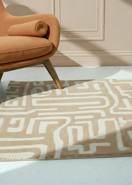 Hand Tufted Beige & Ivory Maze Pattern Wool Rug  Modern Abstract Area Carpet