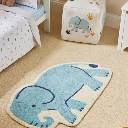 Hand-Tufted Wool Elephant Rug: Sky Blue Safari Playmat