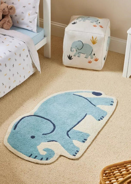 Hand-Tufted Wool Elephant Rug: Sky Blue Safari Playmat