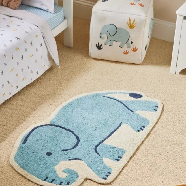 Hand-Tufted Wool Elephant Rug: Sky Blue Safari Playmat
