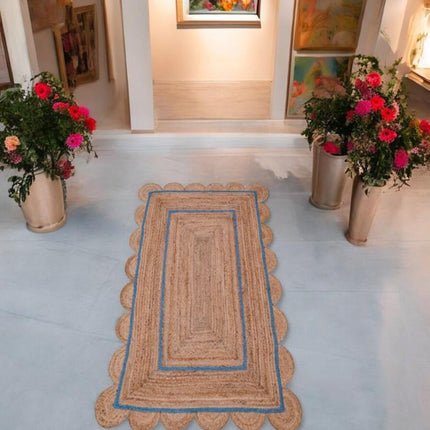 Custom Natural Flint Blue Jute Scallop Runner Rug - Hand-Braided Anti-Slip Area Rug by TheGiftsConnect