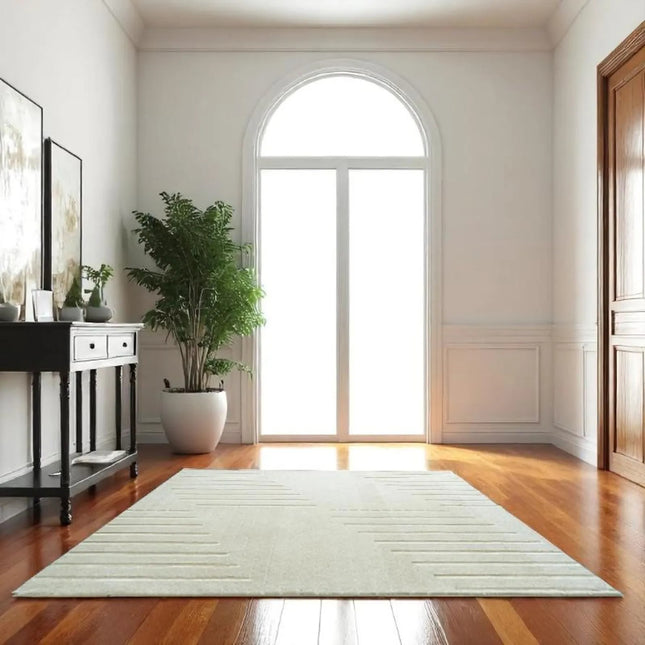 Ivory Wool Area Rug: 8x10 Geometric Hand-Tufted Modern Rug
