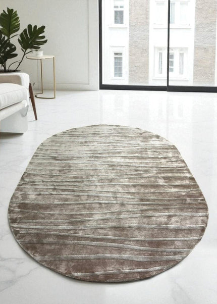 Hand Tufted Taupe & Ivory Wavy Pattern Viscose Rug  Modern Oval Area Carpet