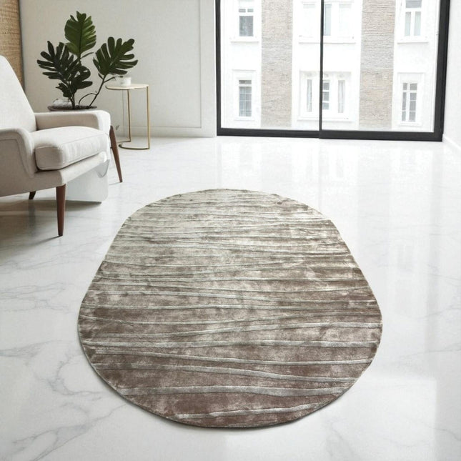 Hand Tufted Taupe & Ivory Wavy Pattern Viscose Rug  Modern Oval Area Carpet