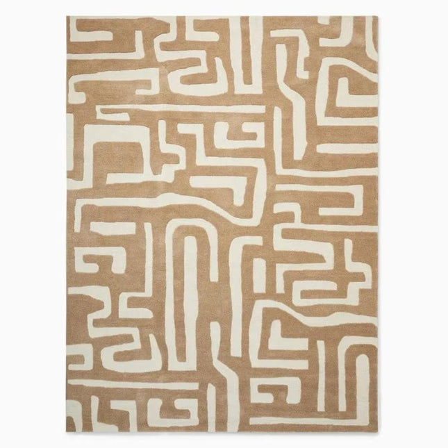 Hand Tufted Beige & Ivory Maze Pattern Wool Rug  Modern Abstract Area Carpet