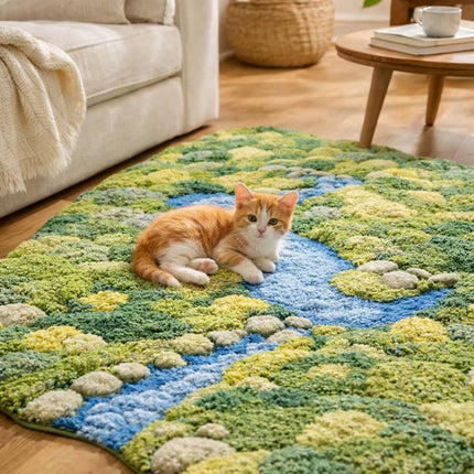 3D Moss Wool Rug, Hand Tufted Botanical Landscape Statement Green Area Rug, Fluffy Carpet