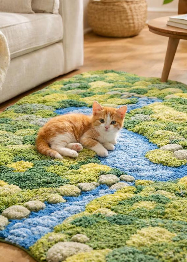 3D Moss Wool Rug, Hand Tufted Botanical Landscape Statement Green Area Rug, Fluffy Carpet