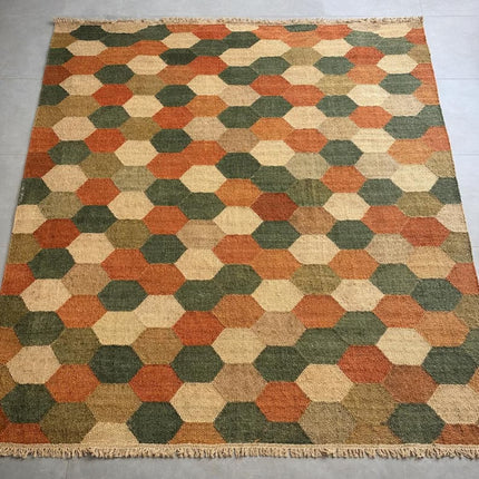 Handwoven Wool Geometric Hexagon Rug, Traditional Indian Dhurrie Flatweave