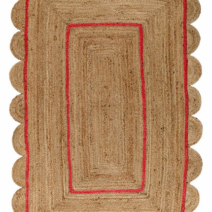 Hand-Braided Red Jute Scallop Rug: Bohemian Home Accent