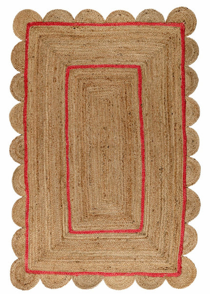 Hand-Braided Red Jute Scallop Rug: Bohemian Home Accent
