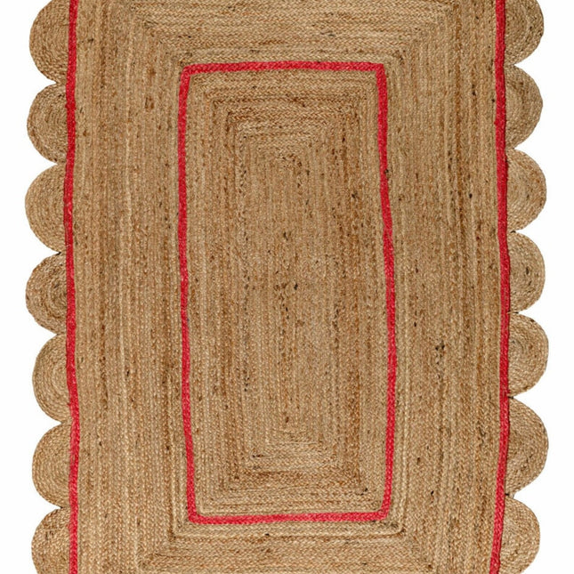 Hand-Braided Red Jute Scallop Rug: Bohemian Home Accent